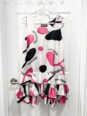 Club Monaco White Mini Dress with Pink, Black & Gray Abstract Pattern